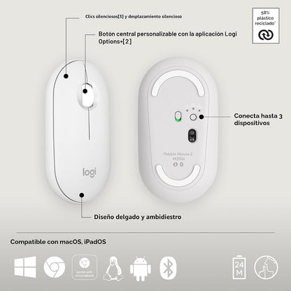 Ratón inalámbrico Bluetooth Logitech M350s Pebble 2 - Tonal blanco...