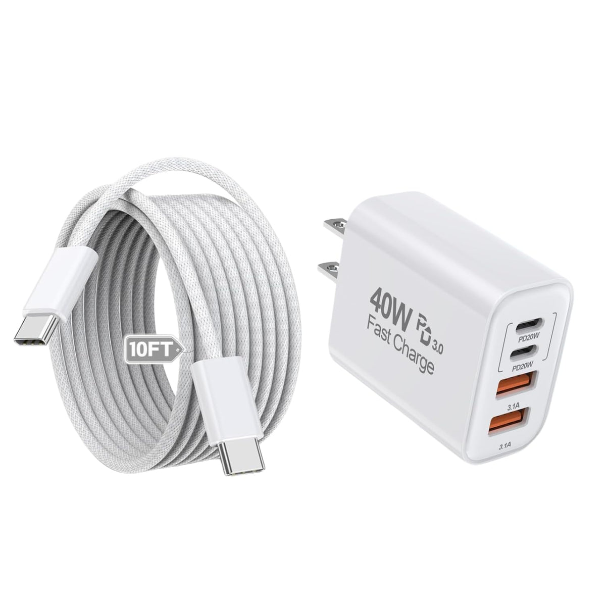 Cable de carga rápida tejido USB C-C de 10 pies, cargador de pared...