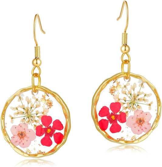Hefestus Aretes de Flores Prensadas Reales para Mujeres, Diseño Col...