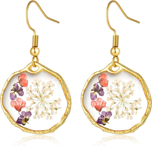 Hefestus Aretes de Flores Prensadas Reales para Mujeres, Diseño Col...