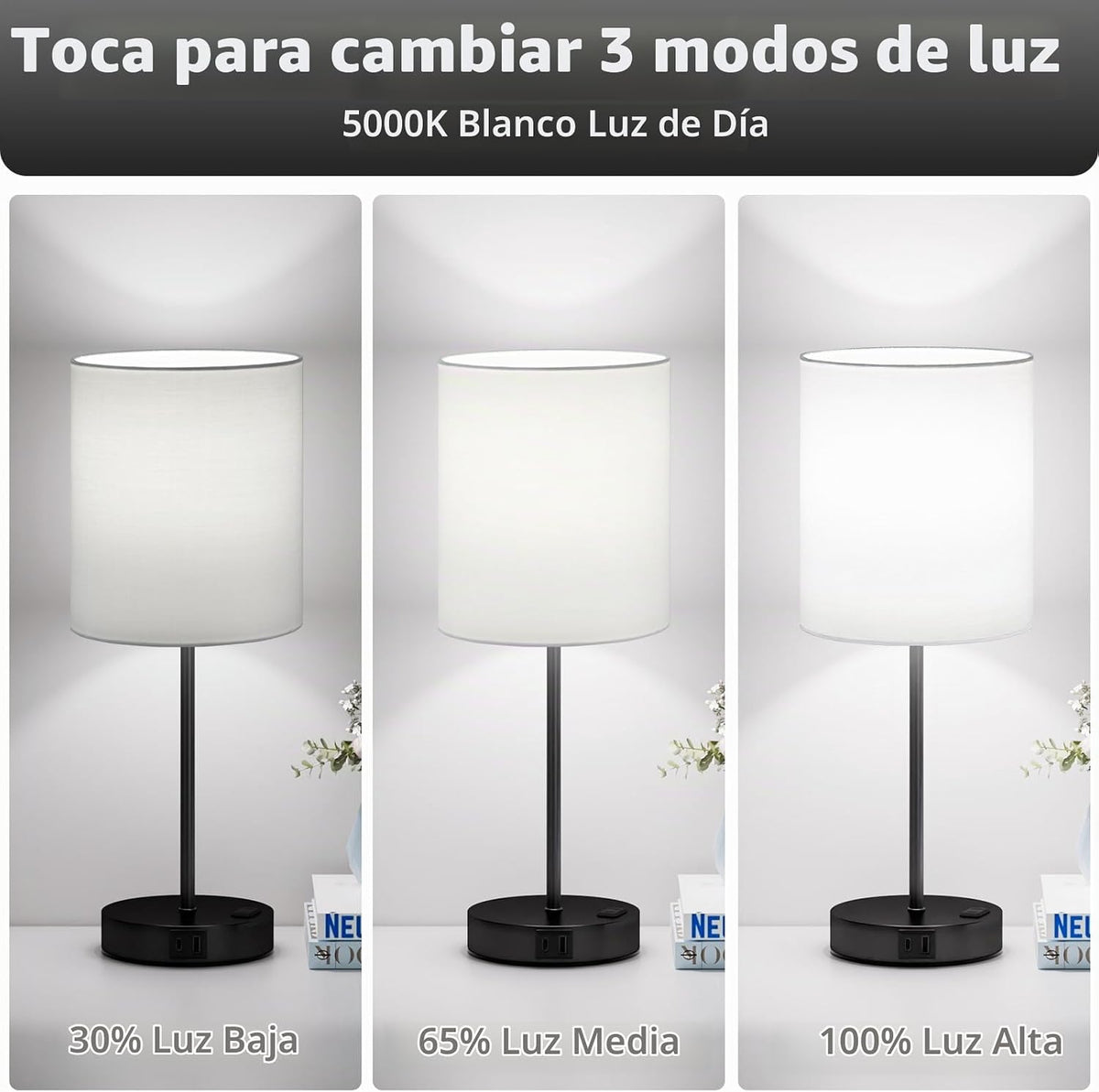 Juego de 2 lámparas táctiles blancas y negras para dormitorio, regu...