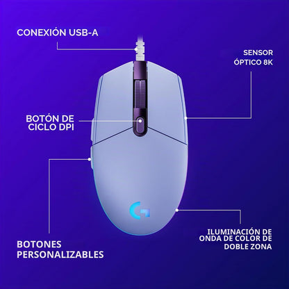 Logitech G203 Wired Gaming Mouse - Lilac | LIGHTSYNC RGB, memoria i...