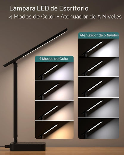 Addtam Lámpara LED de Escritorio, Regleta con 3 Tomas 4 Puertos de...