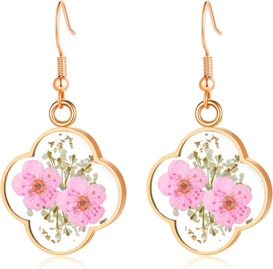 Hefestus Aretes de Flores Prensadas Reales para Mujeres, Diseño Col...