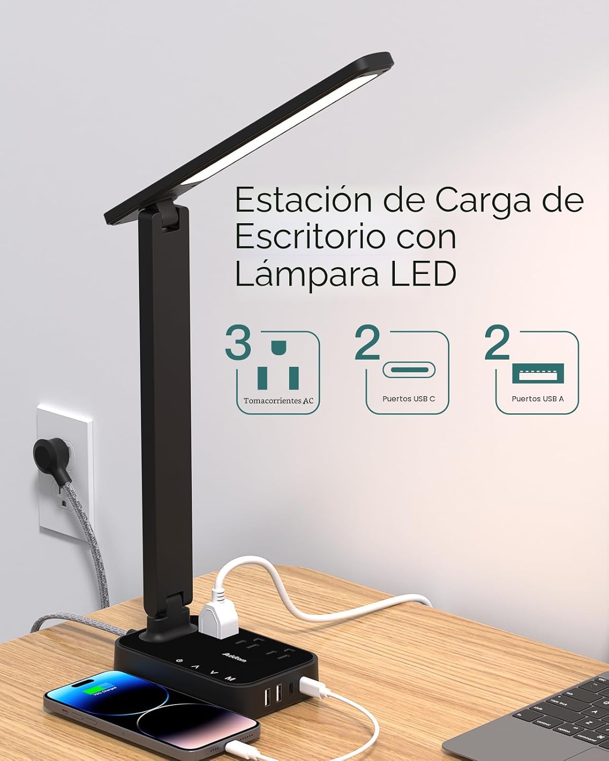 Addtam Lámpara LED de Escritorio, Regleta con 3 Tomas 4 Puertos de...