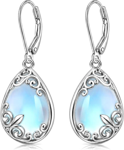 Aretes colgantes de filigrana de piedra lunar de plata de ley con l...