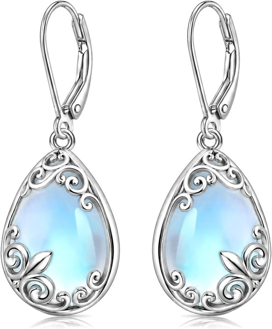 Aretes colgantes de filigrana de piedra lunar de plata de ley con l...