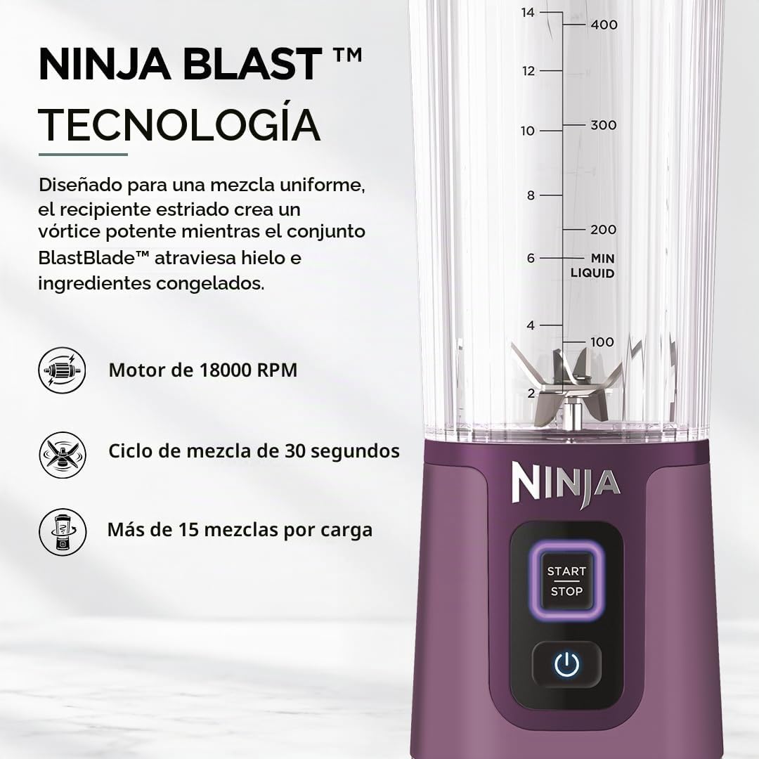 Ninja BC151PR Blast - Licuadora portátil, inalámbrica, recipiente d...