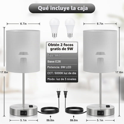 Juego de 2 lámparas táctiles grises de 17.6" para dormitorio, r...