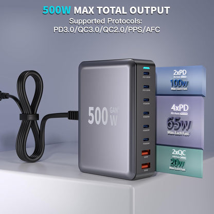 Estación de carga USB C GaN de 500 W, bloque de carga rápida de 8 p...