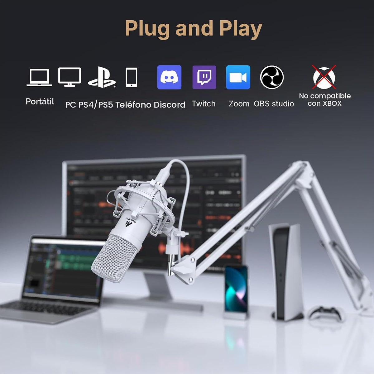 MAONO Micrófono USB blanco A04, micrófono condensador de 192kHz\/24...