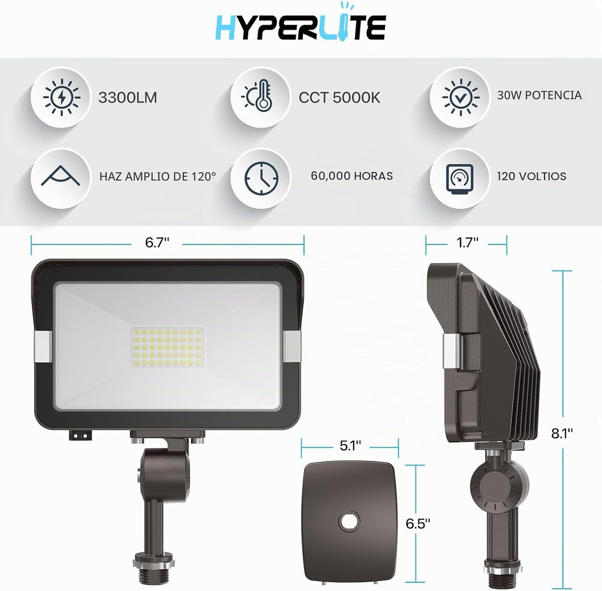 HYPERLITE Paquete de 2 luces de inundación LED de 30 W para exterio...