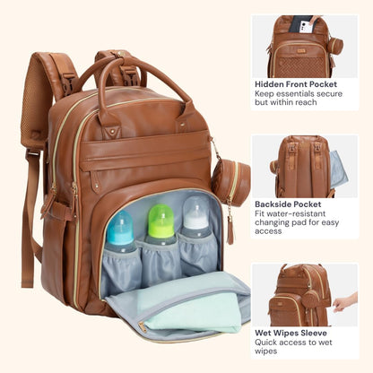 BabbleRoo Mochila de cuero para pañales - Baby Essentials Bolsa de...