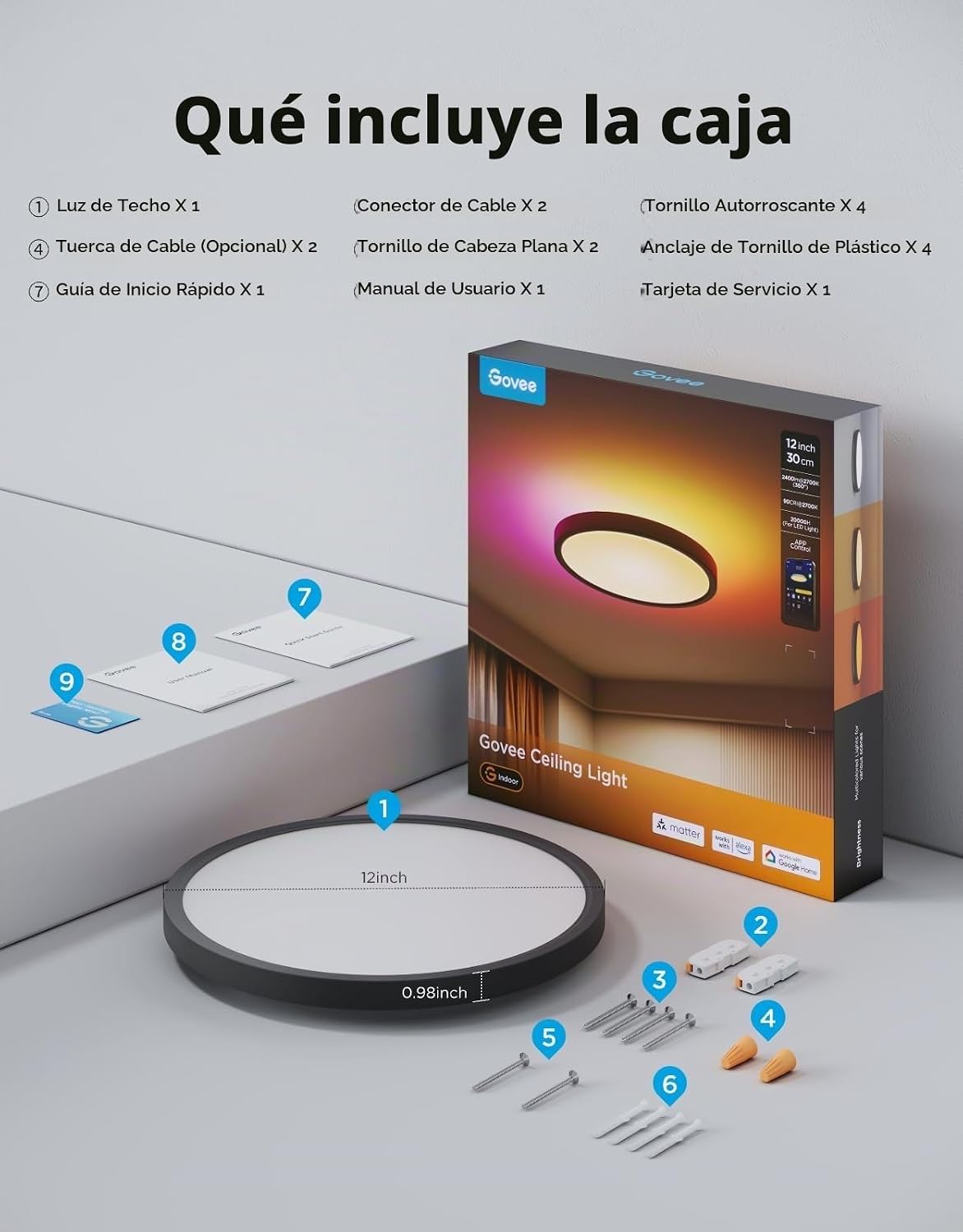 Govee Lámpara de techo inteligente, RGBIC 2400LM 2700K-6500K 12 pul...