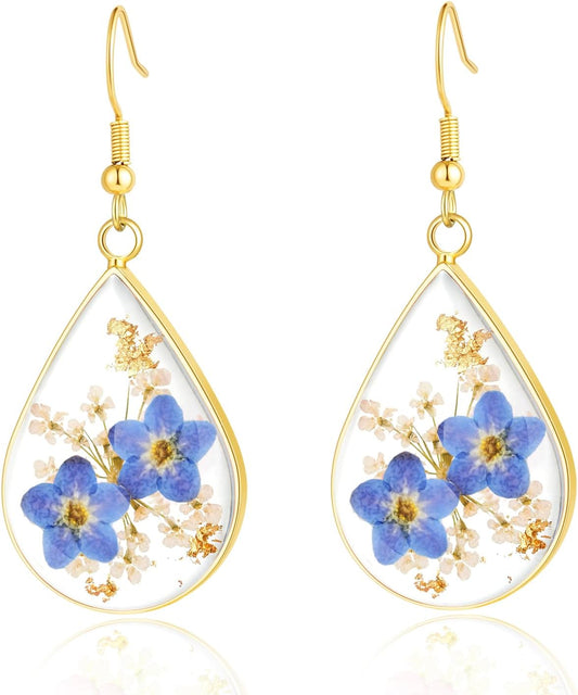 Hefestus Aretes de Flores Prensadas Reales para Mujeres, Diseño Col...