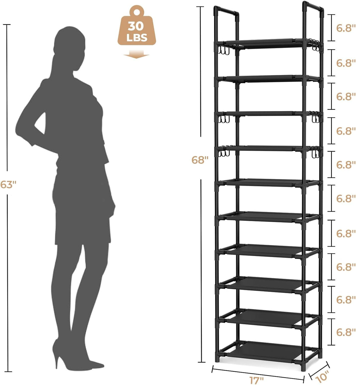 VTRIN - Estantería alta de 10 niveles para zapatos, con capacidad p...