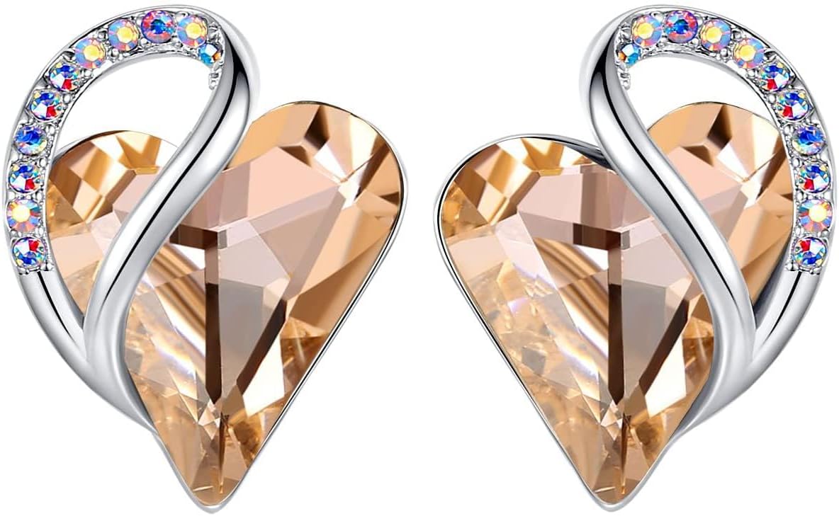 Leafael - Aretes de tuerca de cristal con piedra natal de corazón i...