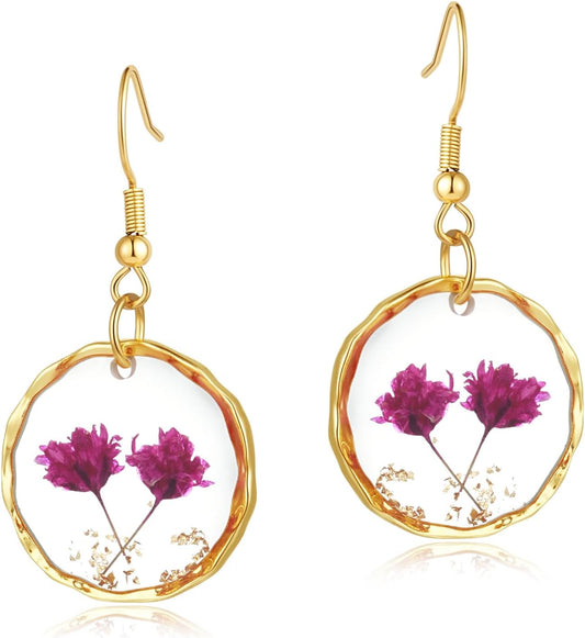 Hefestus Aretes de Flores Prensadas Reales para Mujeres, Diseño Col...