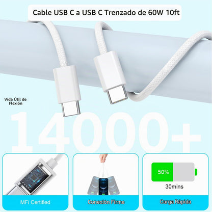Cable de carga rápida tejido USB C-C de 10 pies, cargador de pared...