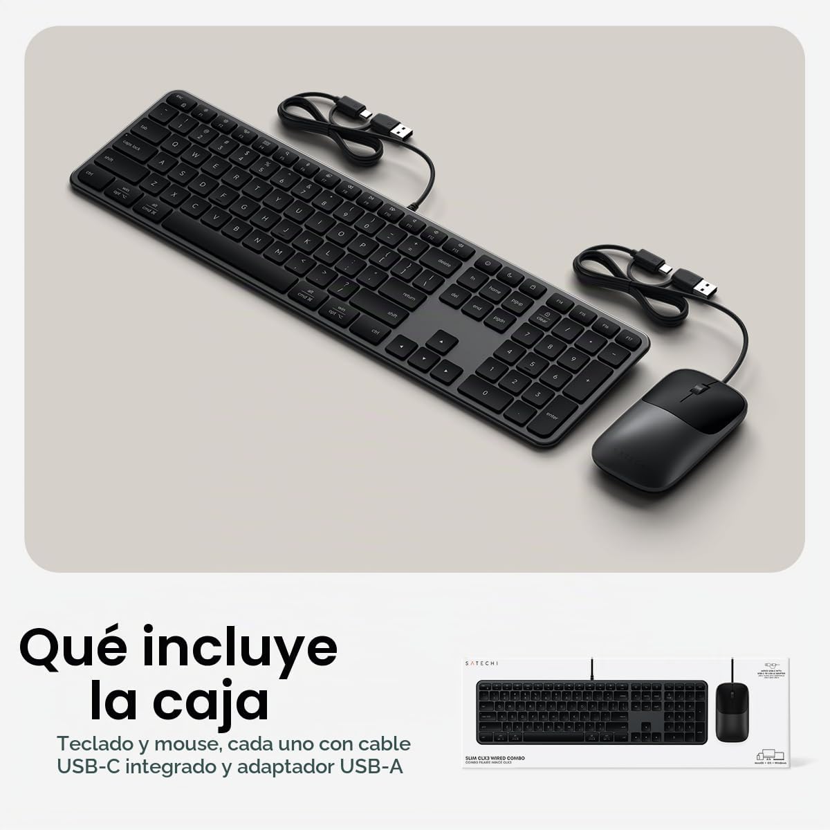 Satechi Slim CLX3 Combo de teclado y mouse con cable, USB-C, negro...