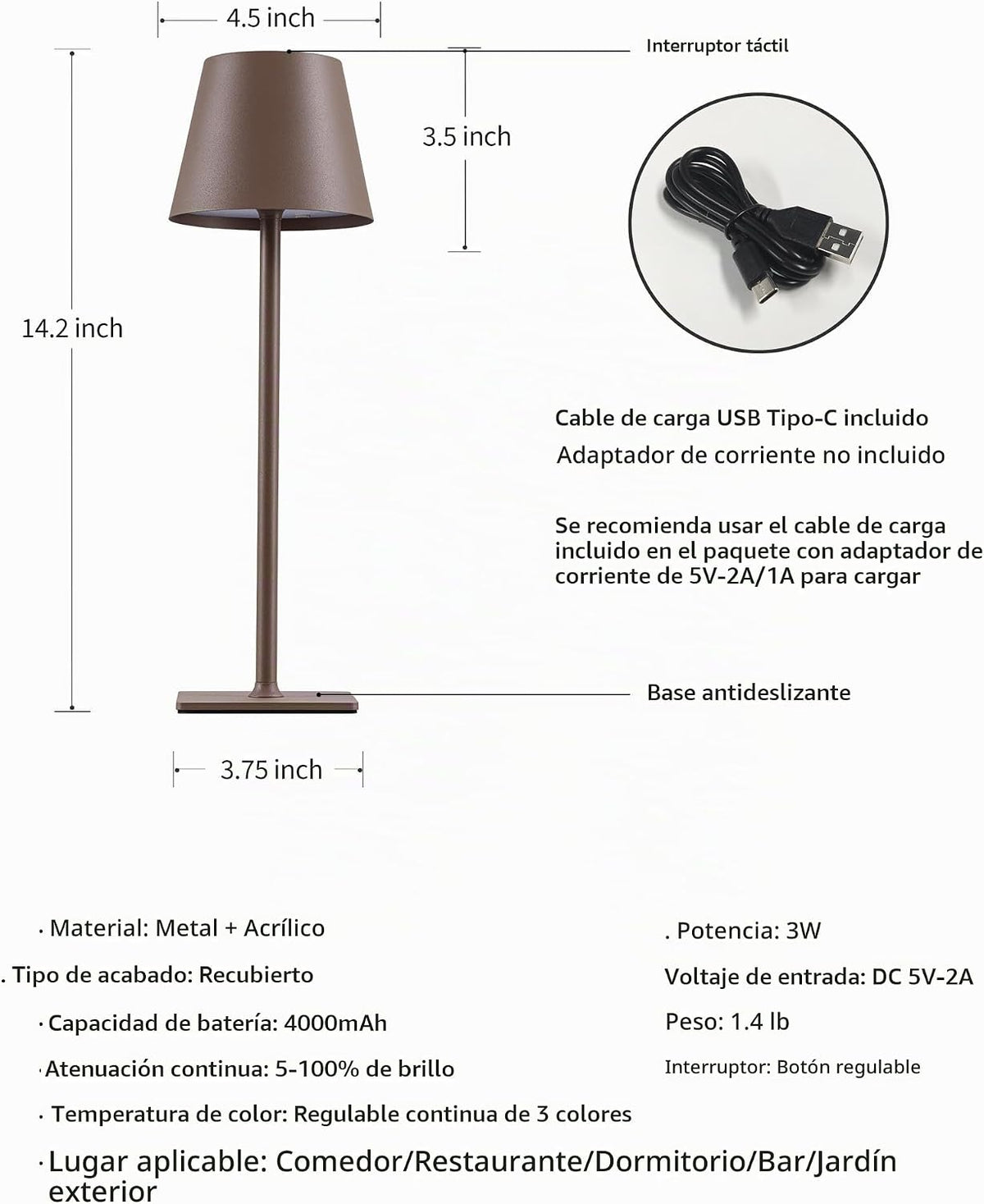 KDG Paquete de 2 lámparas de mesa inalámbricas marrones, lámparas d...