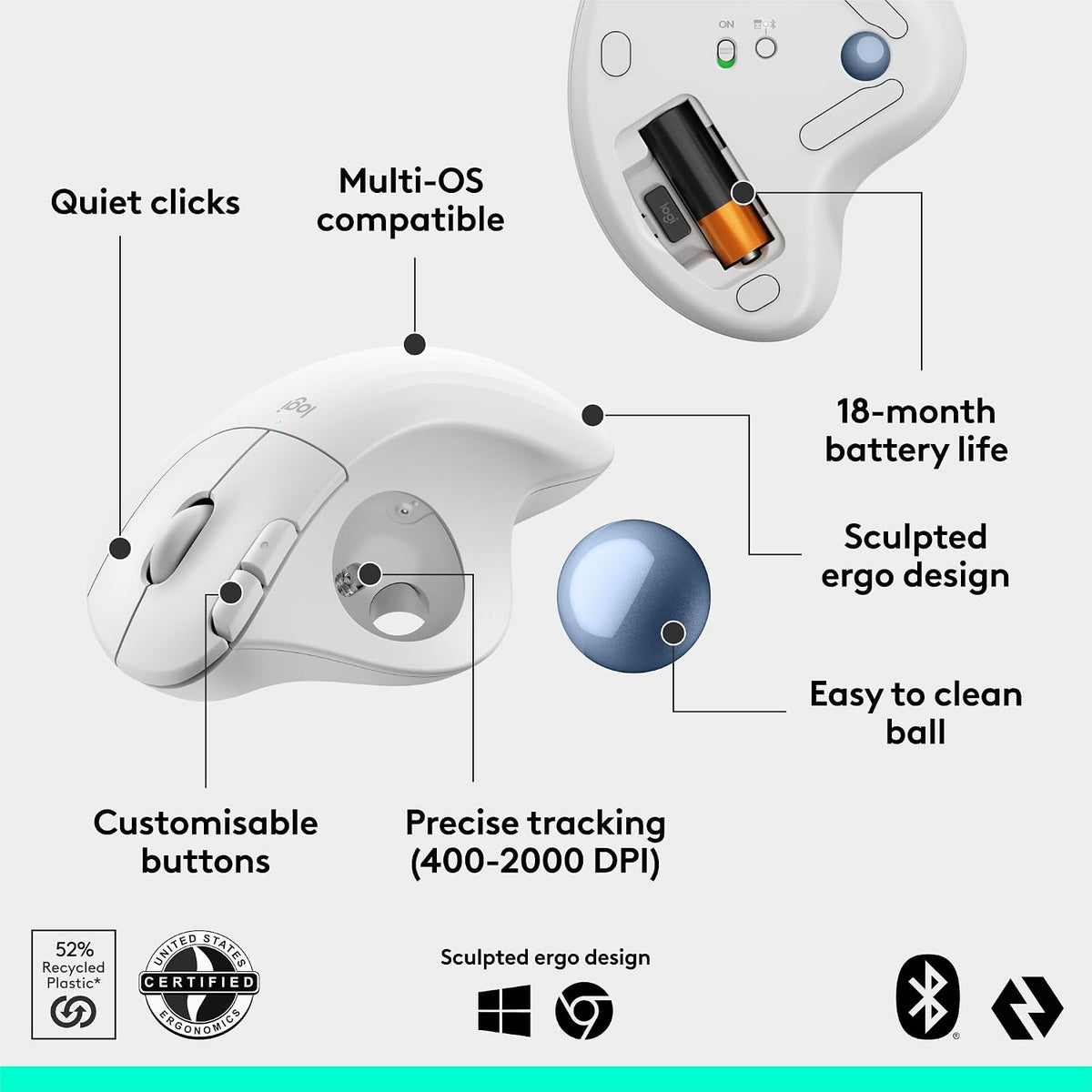 Logitech Ergo M575S Ratón Trackball Inalámbrico Bluetooth - Bola Az...