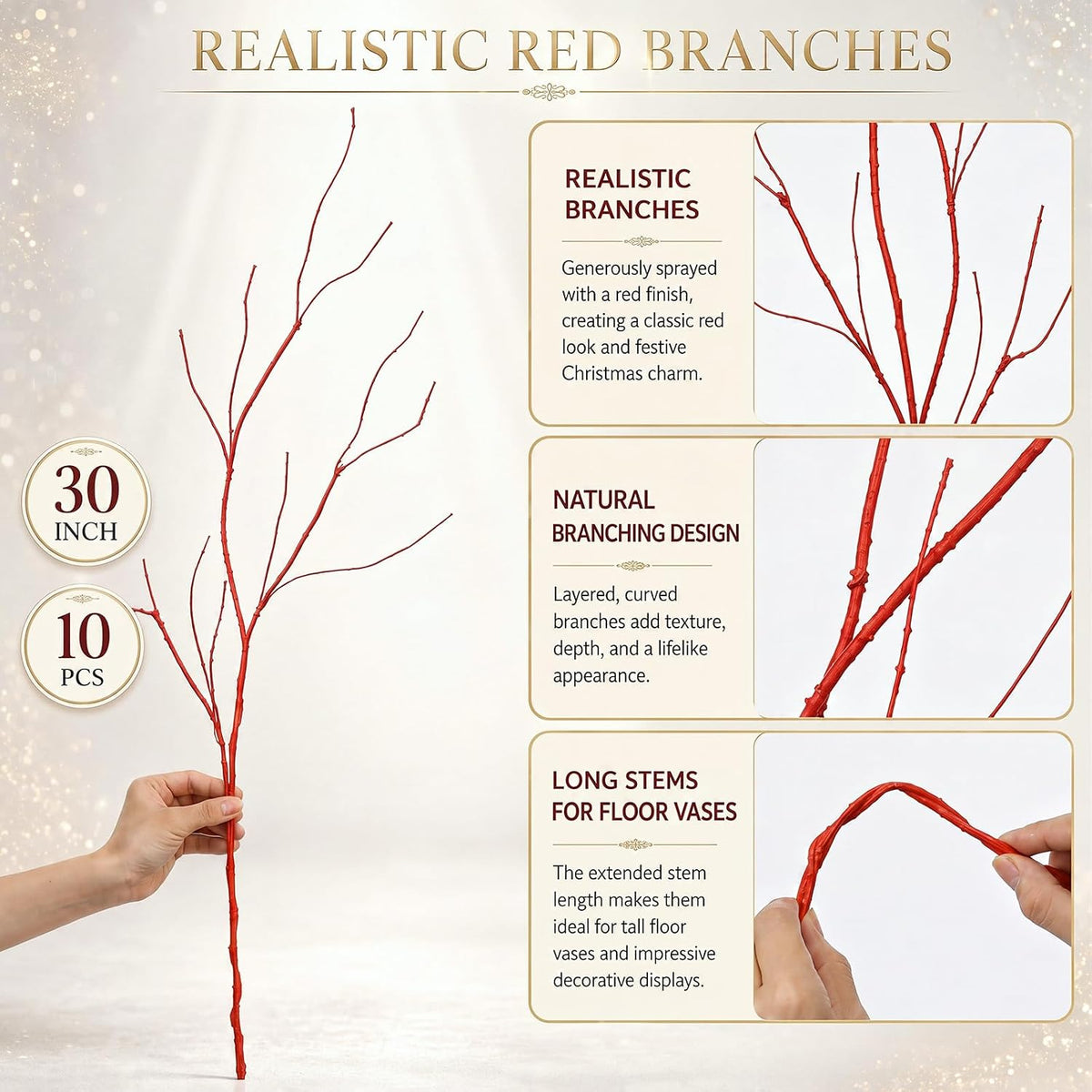 Wavwavw 10 ramas rojas artificiales de Navidad, 30 pulgadas | Tallo...