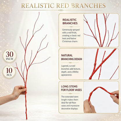 Wavwavw 10 ramas rojas artificiales de Navidad, 30 pulgadas | Tallo...