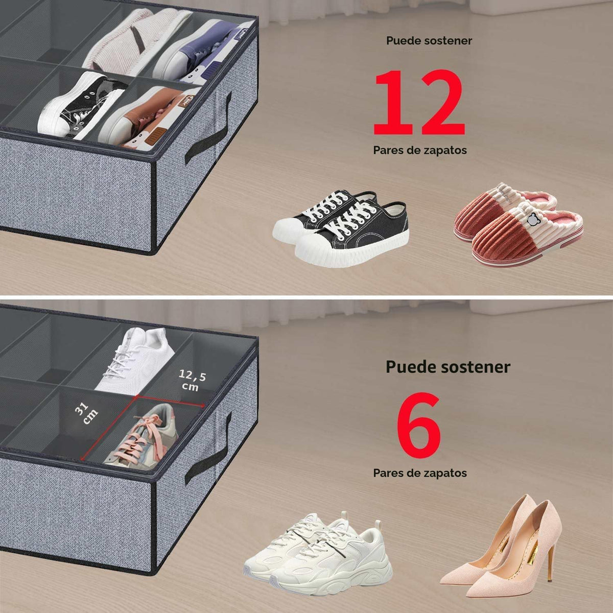 Onlyeasy Organizador grande de zapatos debajo de la cama (6 a 12 pa...