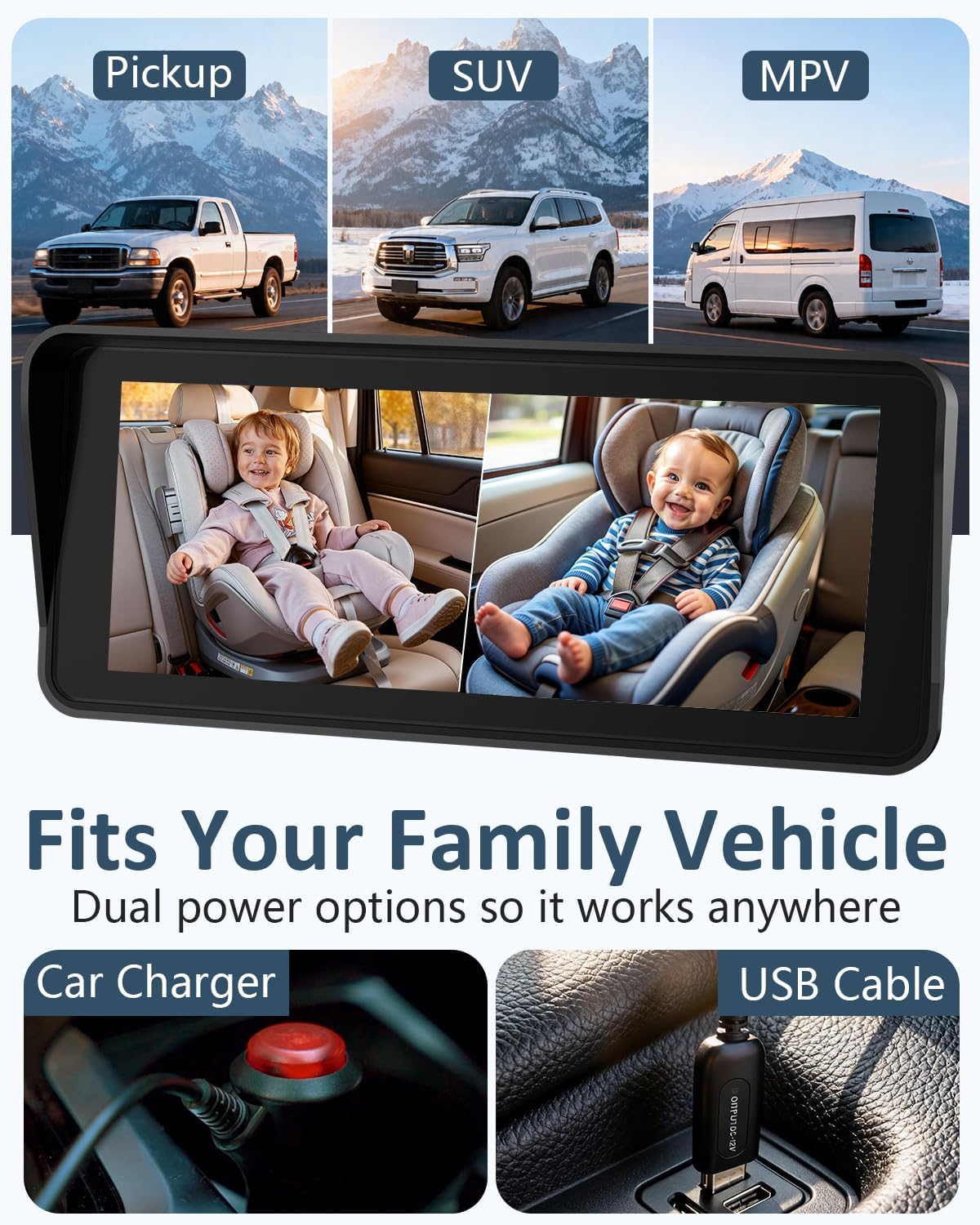 Cámara para coche de bebé para 2 niños para asiento: pantalla ultra...
