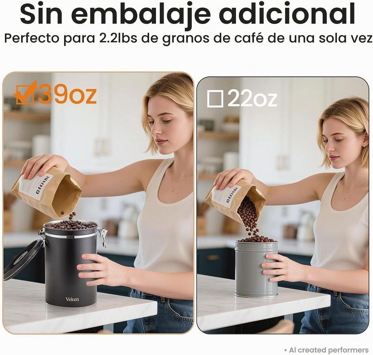 Recipiente de café Veken, 39 oz, 2,2 libras, recipiente hermético g...
