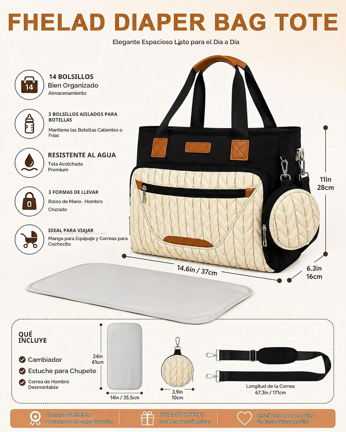FHELAD Bolsa de pañales para mujer, juego de bolsa de pañales para...