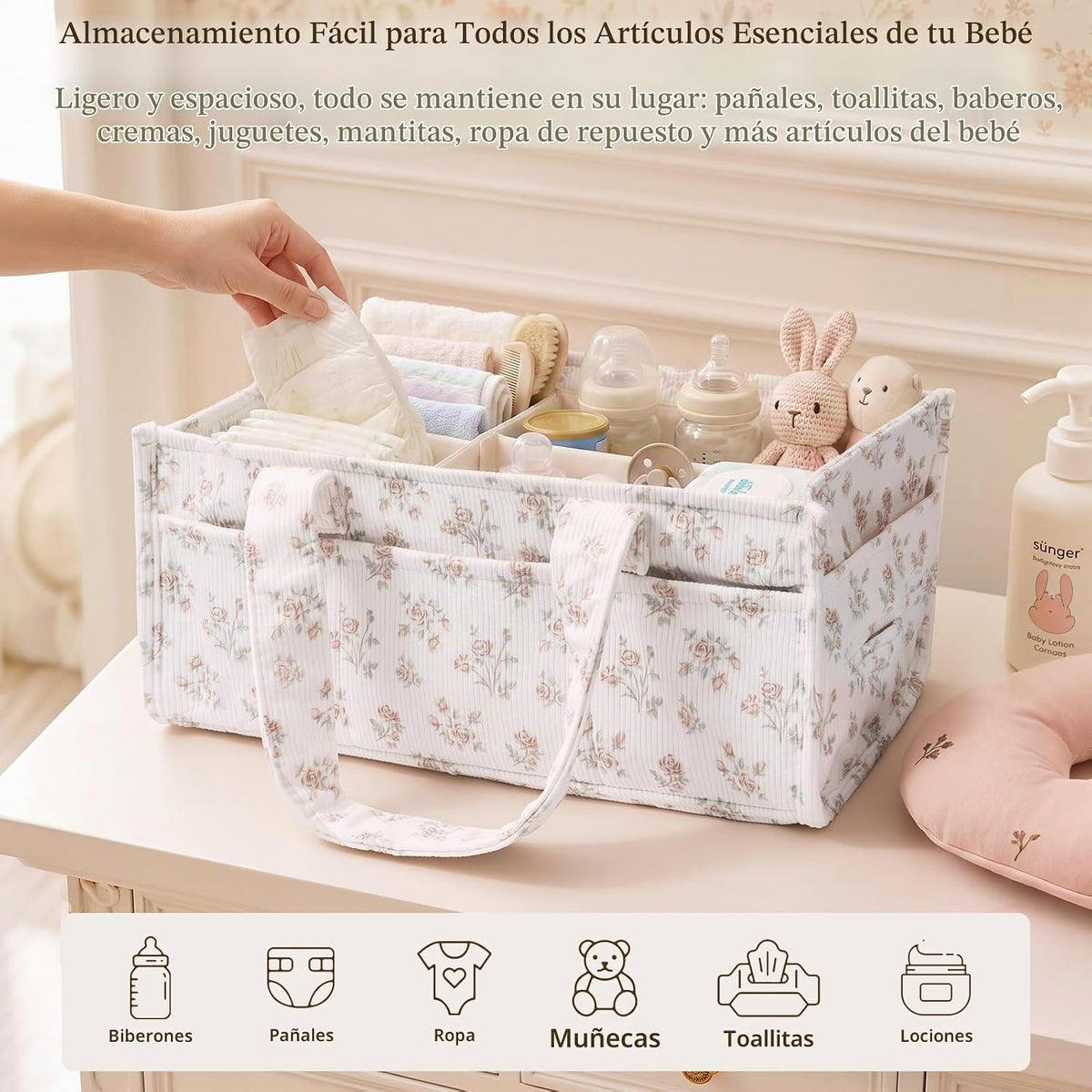 Organizador de pañales para bebé con asas, cesta de almacenamiento...
