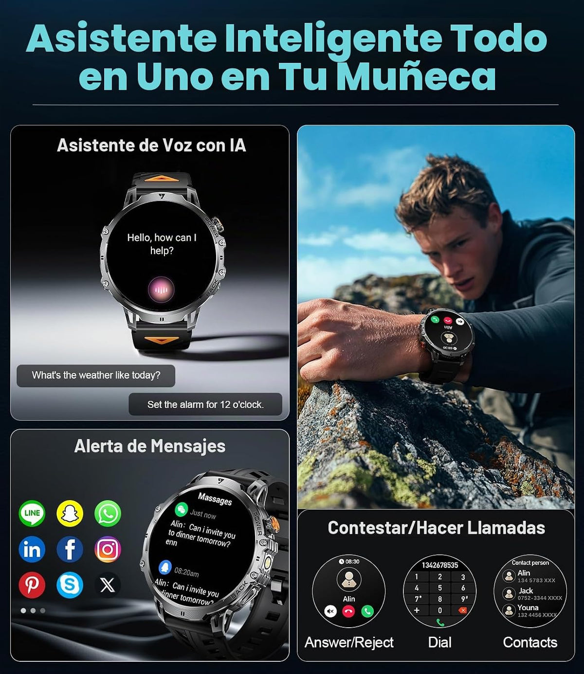 LIGE Relojes inteligentes militares para hombre (3 bandas), reloj i...