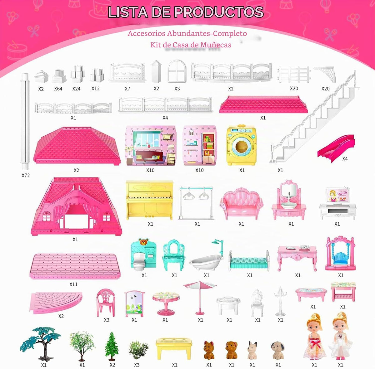 Doloowee - Casa de muñecas DIY de 4 pisos con 2 muñecas, mascotas y...