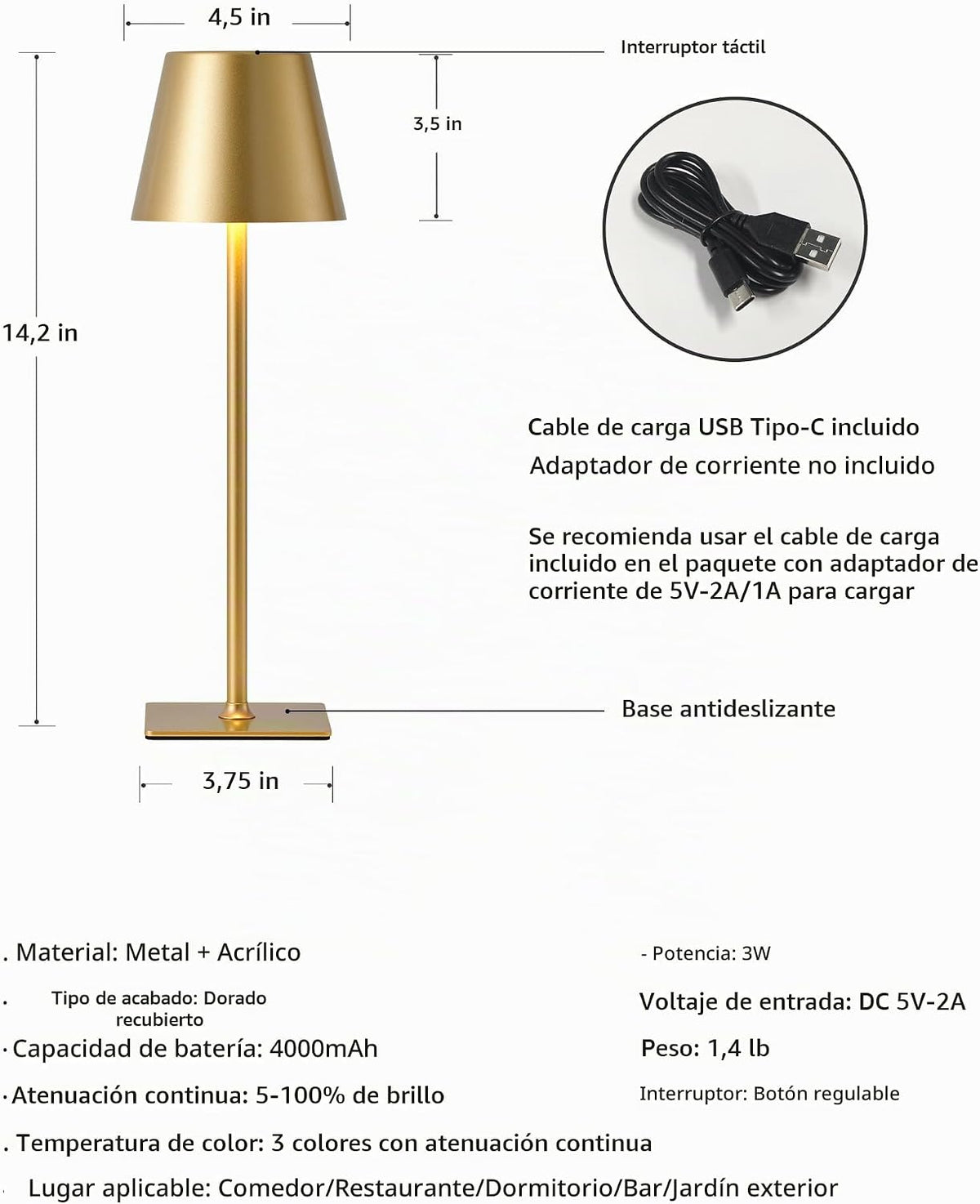 Juego de 2 lámparas de mesa inalámbricas KDG Gold, lámpara de escri...