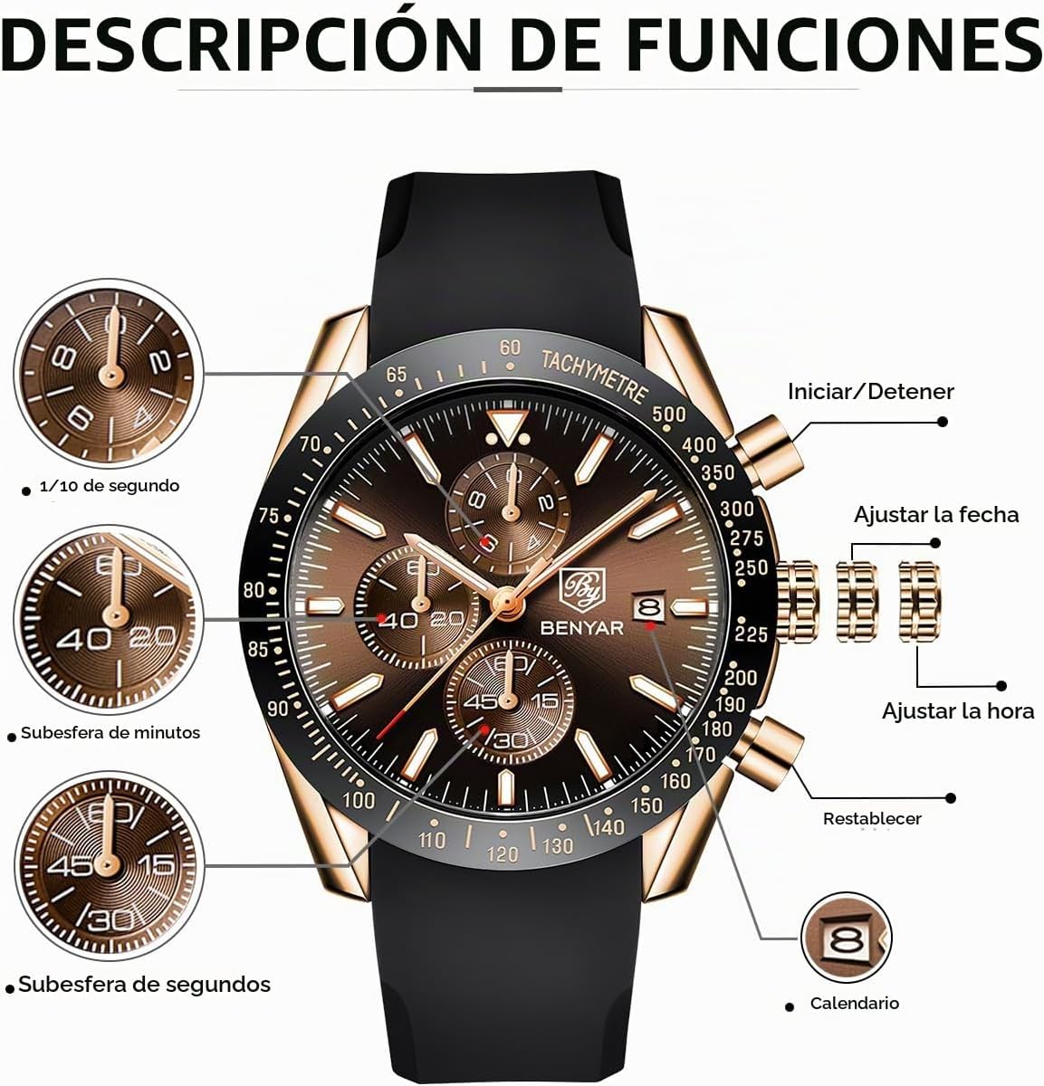 BENYAR Reloj para hombre analógico cronógrafo de cuarzo, impermeabl...