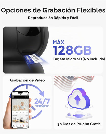 Hugolog - Cámara de seguridad interior Pan\/Tilt de 2K 3MP con enfo...