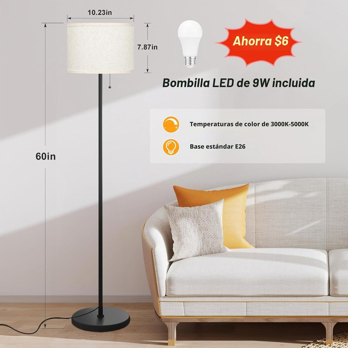 Ambimall - Lámpara de pie moderna para sala de estar y dormitorio,...