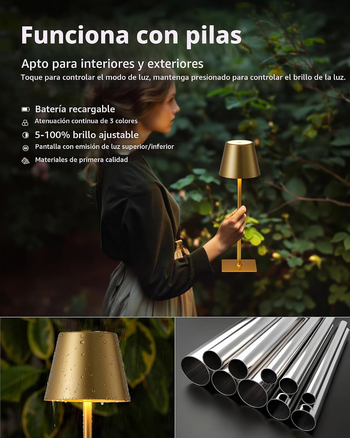 Juego de 2 lámparas de mesa inalámbricas KDG Gold, lámpara de escri...