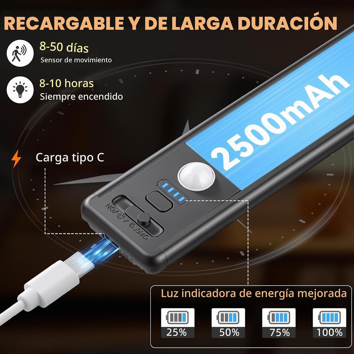 Iluminación inalámbrica para debajo del gabinete, luz con sensor de...
