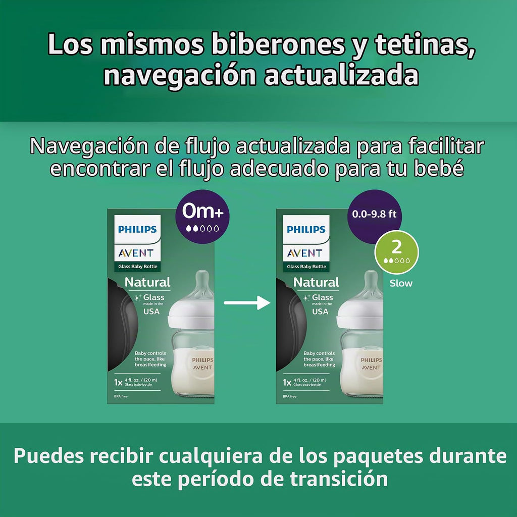 Philips Avent Biberones de vidrio natural, flujo lento, 4 onzas, si...