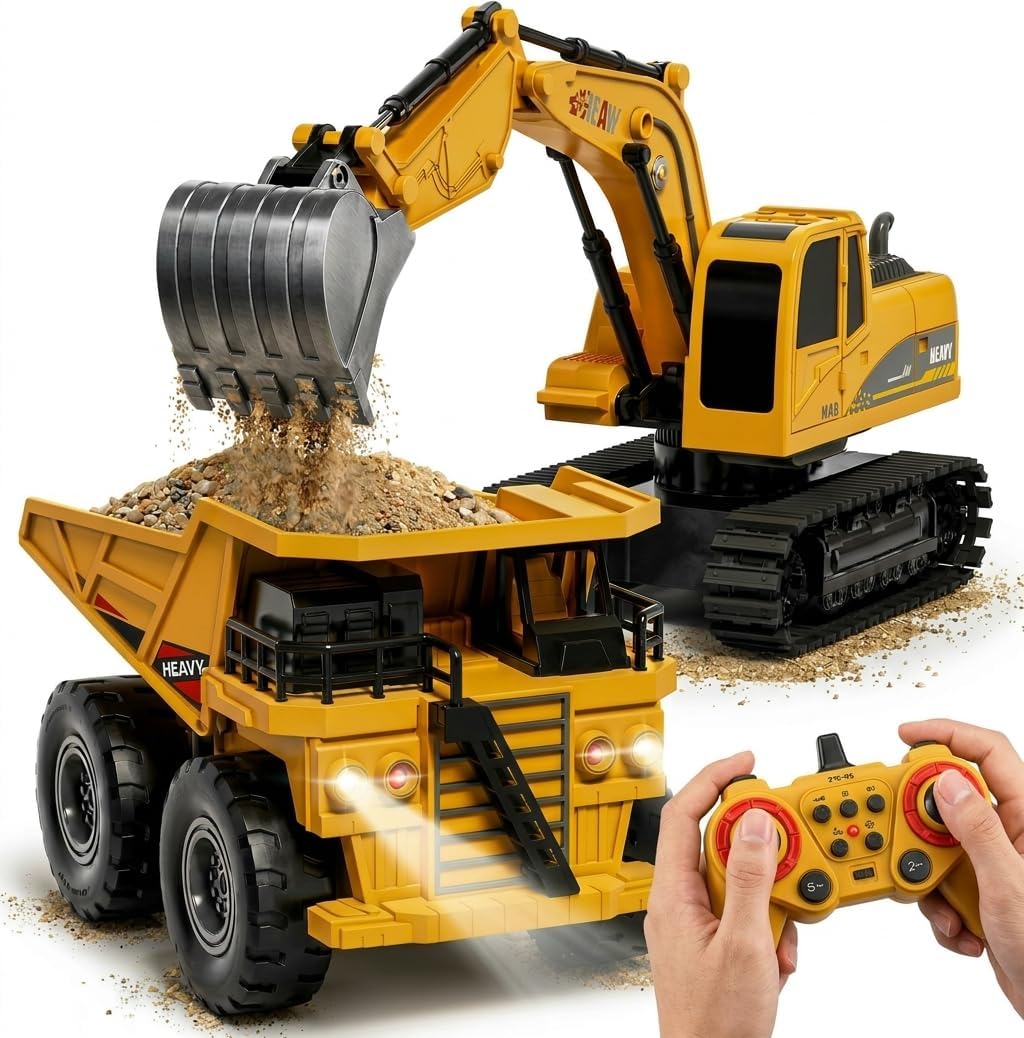TOPMVP Juego de excavadora y camión volquete RC 2 en 1 con luces y...