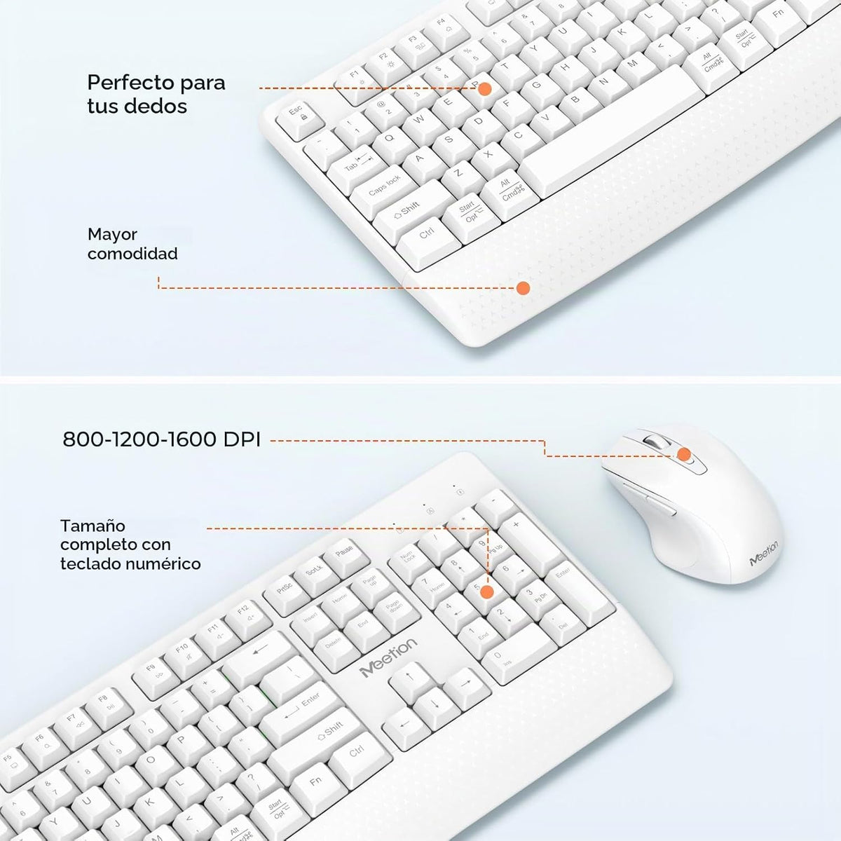MEETION Combo de teclado y mouse inalámbricos blancos, tamaño compl...