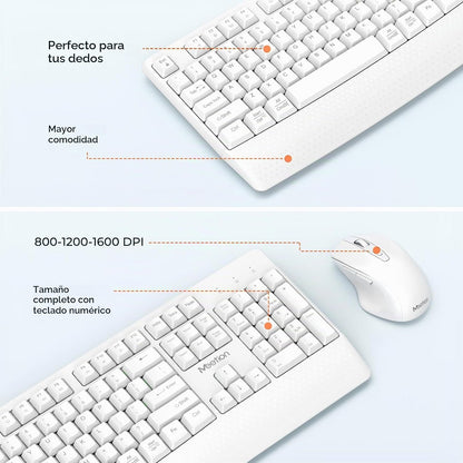 MEETION Combo de teclado y mouse inalámbricos blancos, tamaño compl...
