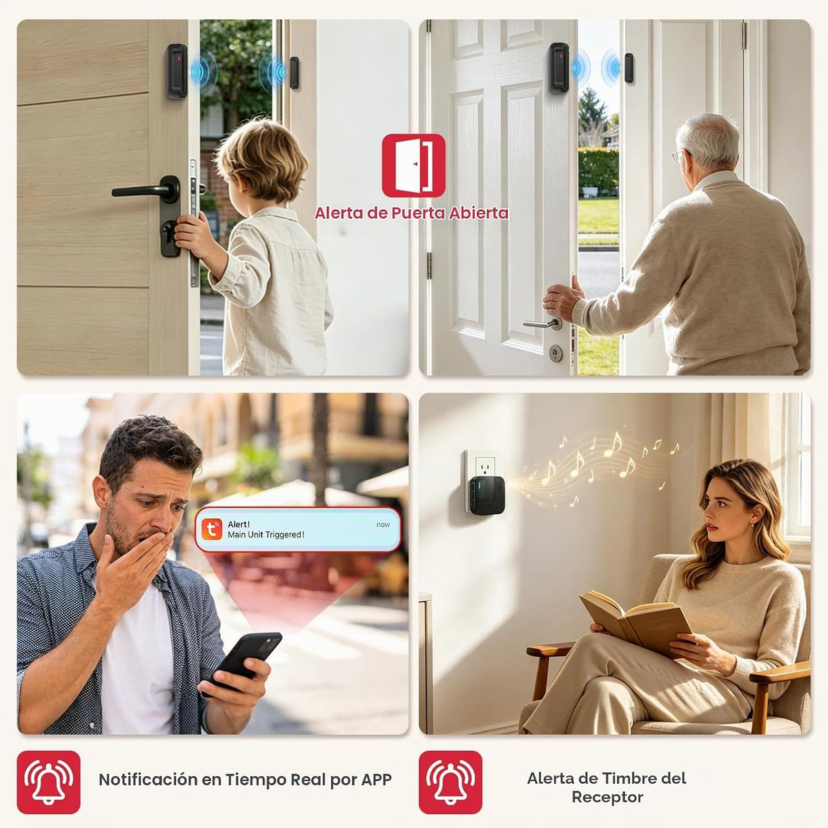 SanJie Timbre de puerta WiFi, sensor de alarma de puerta con notifi...