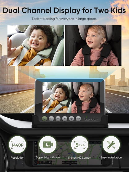 bonoch Cámara de coche de bebé de 5 "1440P para 2 niños, vista...