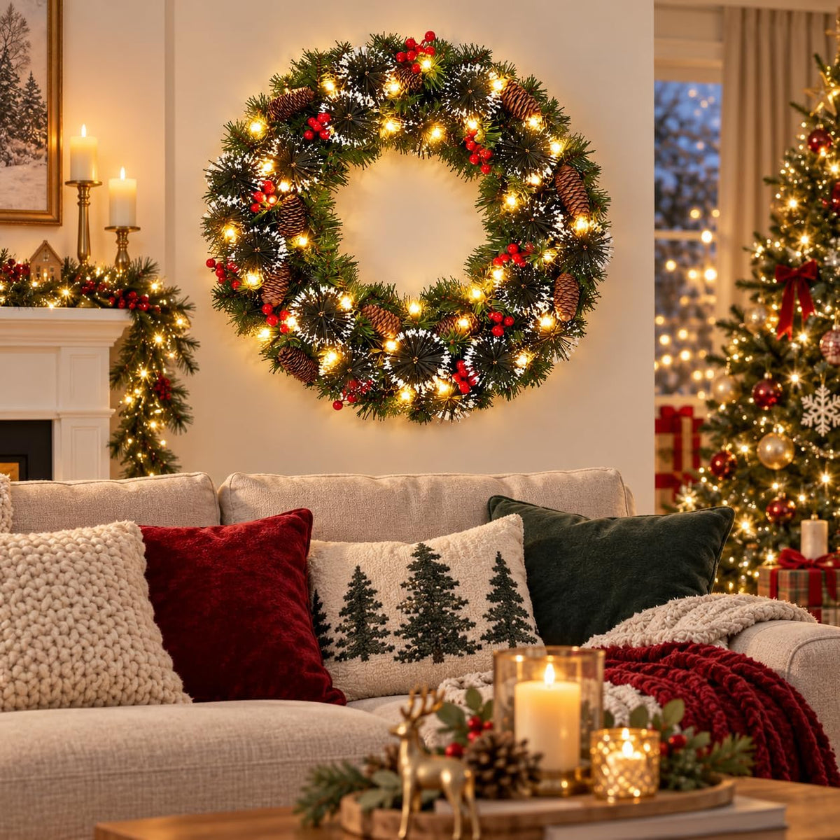 Aptliton Corona de Navidad iluminada de 26 pulgadas, 60 luces LED p...