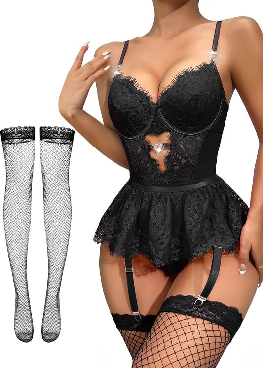 Lilosy Conjunto de lencería sexy de 3 piezas para mujer con corsé y...