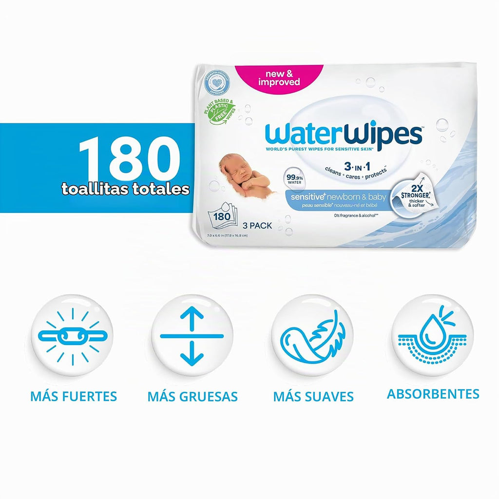 WaterWipes Sensitive+ Toallitas 3 en 1 para recién nacidos y bebés,...